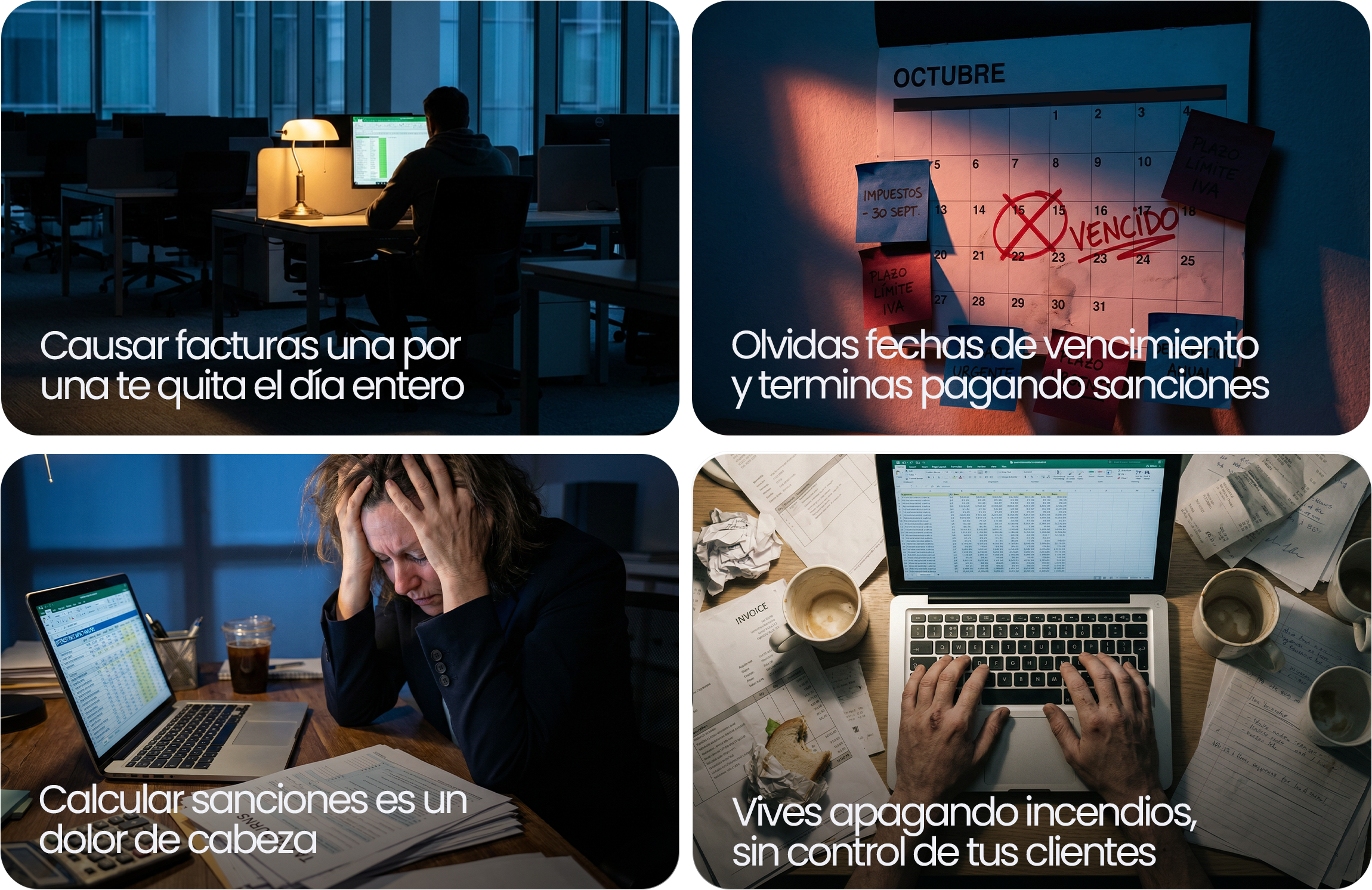 Problemas cotidianos de los contadores: Fechas olvidadas, Horas calculando, Causación manual, Exógena complicada, Apagando incendios